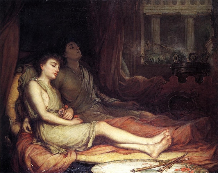 Bức tranh của John William Waterhouse với tên gọi “Sleep and His Half-Brother Death” mô tả lại hai anh em Hypnos (giấc ngủ) and Thanatos (cái chết). lam sang to bi an dot tu trong khi ngu