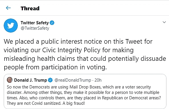 Twitter cảnh cáo Trump phát tán thông tin gây hiểu nhầm làm ảnh hưởng đến bầu cử twitter canh cao trump phat tan thong tin gay hieu nham lam anh huong den bau cu 1