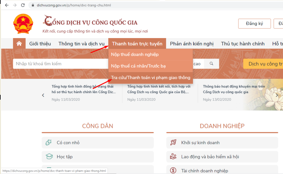 Thủ tục nộp phạt trực tuyến khi vi phạm giao thông đường bộ thu tuc nop phat truc tuyen khi vi pham giao thong duong bo