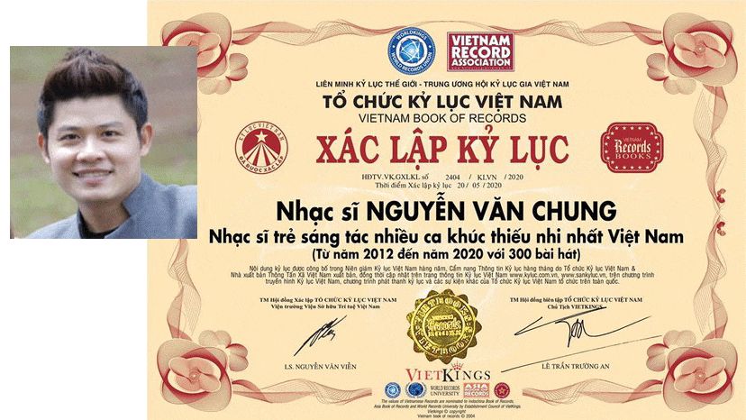 Nguyễn Văn Chung xác lập kỷ lục "Nhạc sĩ trẻ sáng tác nhiều ca khúc thiếu nhi nhất Việt Nam" nguyen van chung xac lap ky luc nhac si tre sang tac nhieu ca khuc thieu nhi nhat viet nam