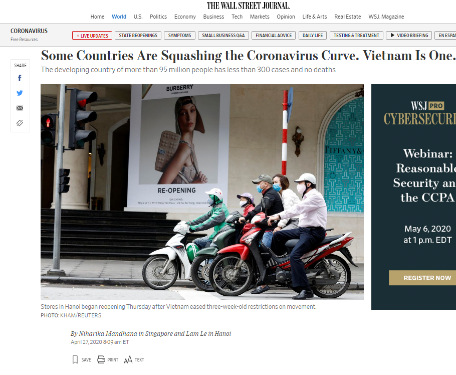 WSJ outlet: Vietnam among of the countries conquer Coronavirus curve american news outlet names vietnam one of the countries squashing coronavirus curve