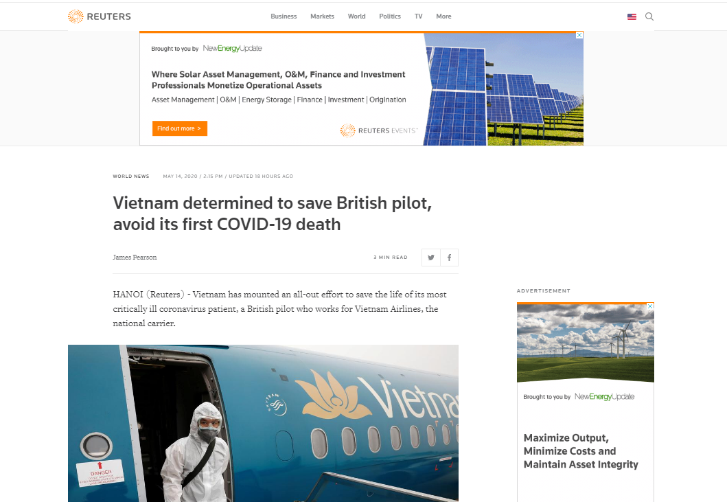 Reuters lauds Vietnam’s determination to save the critical COVID-19 British pilot reuters lauds vietnams determination to save the critical covid 19 british pilot