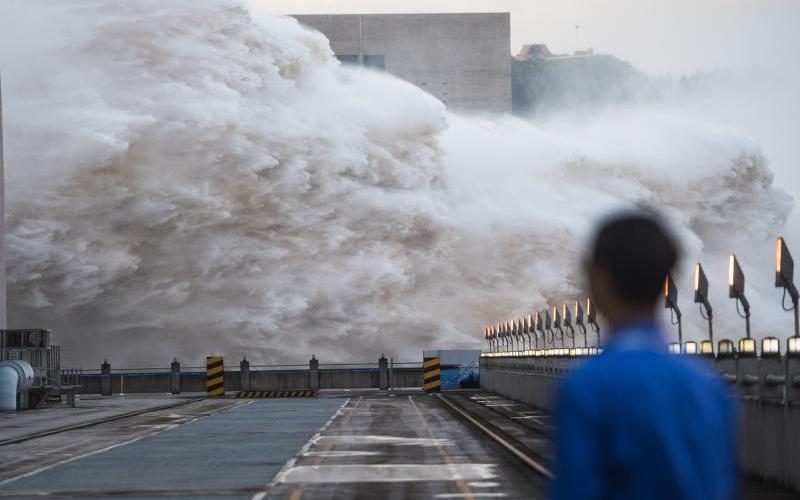 undefined Floodwater discharged from the main outlet of the Three Gorges Dam