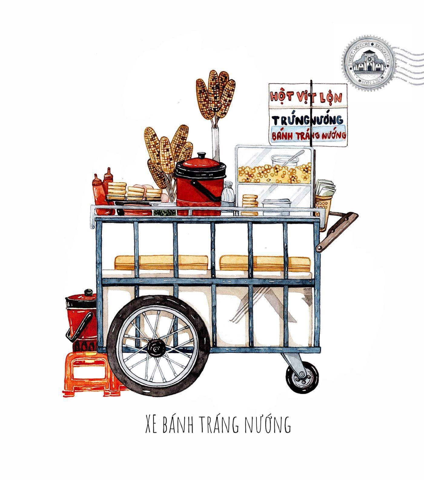 Sketches of foodcarts reveal a glimpse into Vietnamese culinary culture Vietnamese grilled rice paper cart