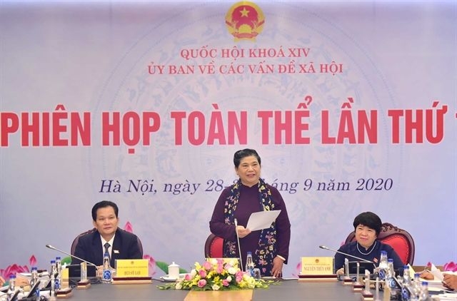 undefined Permanent Deputy Chairwoman of the National Assembly Tong Thi Phong (standing) gives a speech at the meeting in Hanoi.