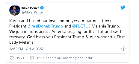 Lãnh đạo thế giới chúc Trump sớm bình phục Phó tổng thống Mike Pence gửi lời chúc tới vị Tổng thống thứ 45 của Mỹ