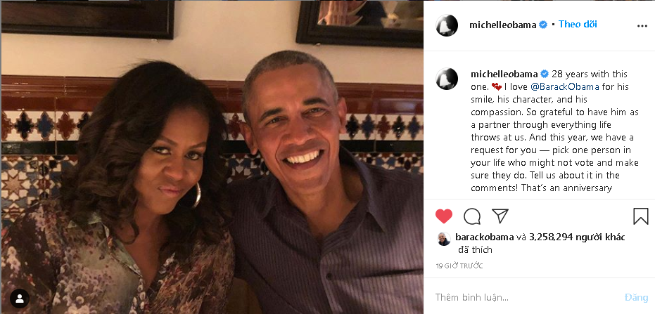 undefined Bài đăng của Cựu đệ nhất phu nhân Michelle Obama trên Instagram được ông Obama nhấn yêu thích