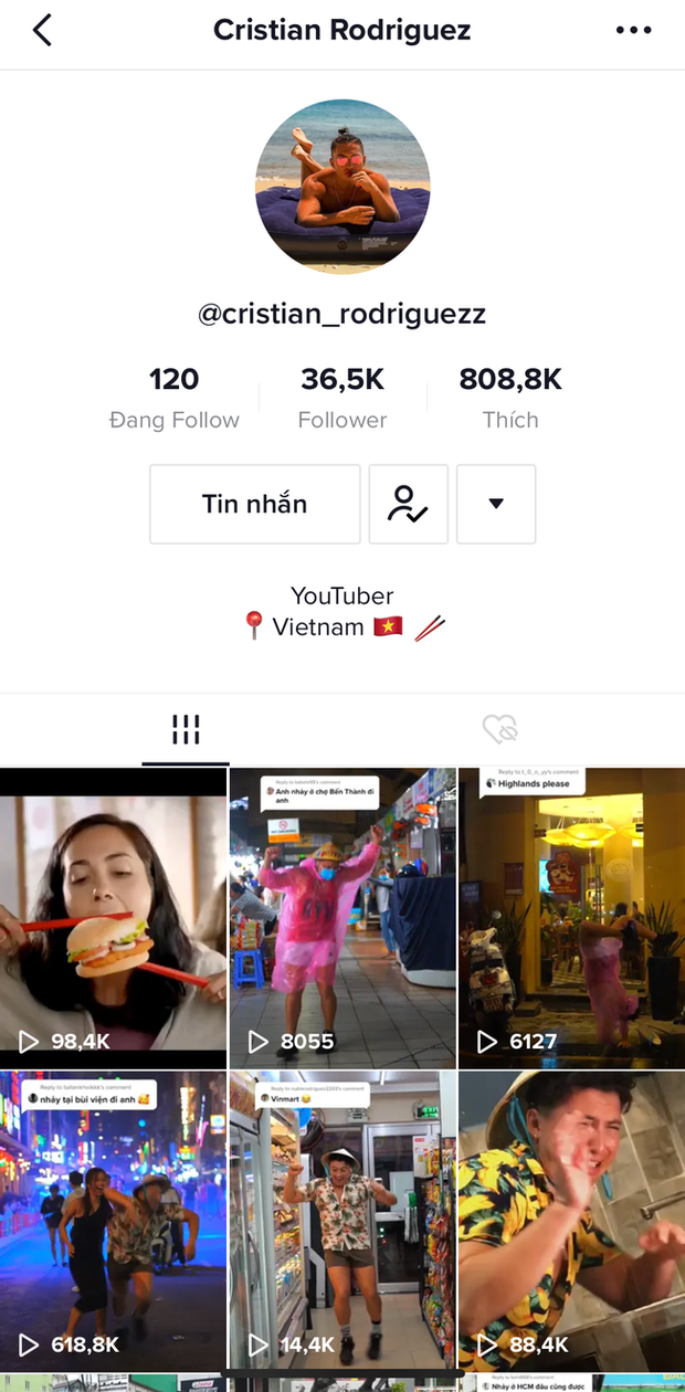 Expat’s TikTok videos mocking Vietnamese culture provoke outrages among netizens Cristian rodriguez's tiktok account has thousands of followers (photo: captured)