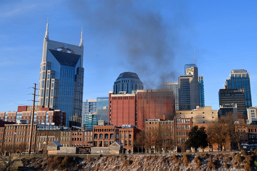 undefined Smoke could be seen rising from Nashville after an explosion on Friday. (Photo: AP)