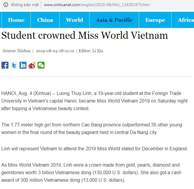 Lương Thùy Linh đăng quang Miss World Việt Nam, báo quốc tế nói gì? luong thuy linh dang quang miss world viet nam bao quoc te noi gi