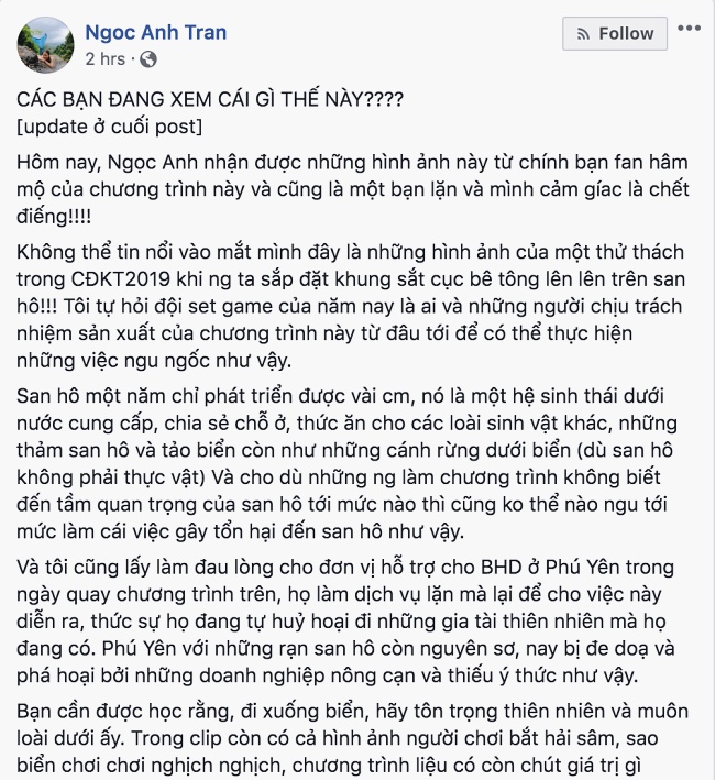 Chương trình "Cuộc đua kỳ thú" 2019 bị chỉ trích vì có hành vi phá hoại môi trường chuong trinh cuoc dua ky thu 2019 bi chi trich vi co hanh vi pha hoai sinh vat bien