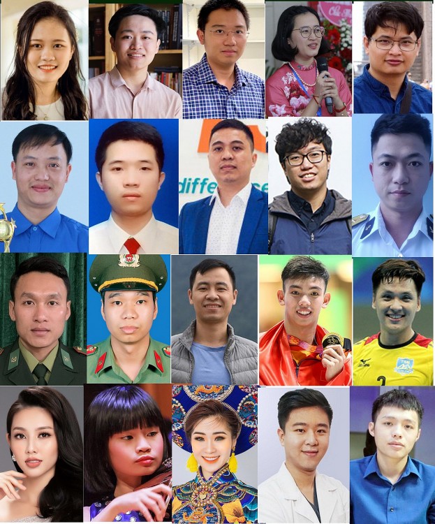 20 đề cử giải thưởng GMTVNTB 2021 (thứ tự ảnh từ trái sang phải, từ trên xuống) Lĩnh vực học tập, nghiên cứu khoa học sáng tạo, lao động sản xuất, kinh doanh khởi nghiệp, quốc phòng, an ninh trật tự, thể dục thể thao, văn hóa nghệ thuật, hoạt động xã hội 20 đề cử giải thưởng GMTVNTB 2021 (thứ tự ảnh từ trái sang phải, từ trên xuống) Lĩnh vực học tập, nghiên cứu khoa học sáng tạo, lao động sản xuất, kinh doanh khởi nghiệp, quốc phòng, an ninh trật tự, thể dục thể thao, văn hóa nghệ thuật, hoạt động xã hội