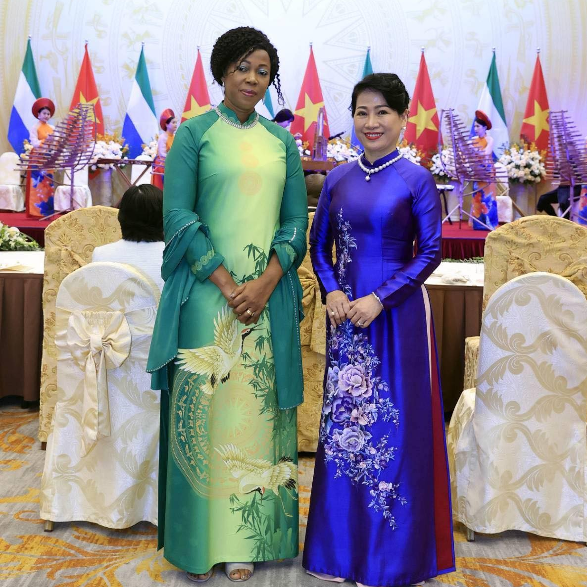 Đệ nhất phu nhân Sierra Leone duyên dáng trong tà áo dài Việt Nam Thông điệp ý nghĩa trên tà áo dài của Đệ nhất phu nhân Sierra Leone