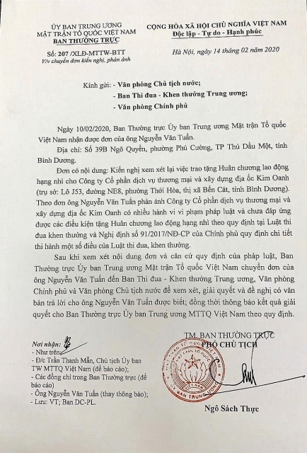 Đề nghị xét lại việc tặng Huân chương cho Công ty Kim Oanh cong ty kim oanh bi de nghi xet lai viec tang huan chuong lao dong