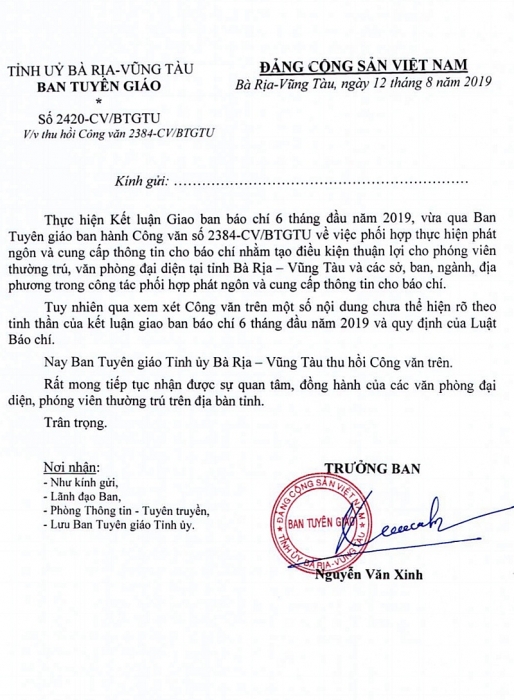 Bà Rịa - Vũng Tàu thu hồi công văn quy định về phát ngôn báo chí ba ria vung tau thu hoi cong van quy dinh ve phat ngon bao chi
