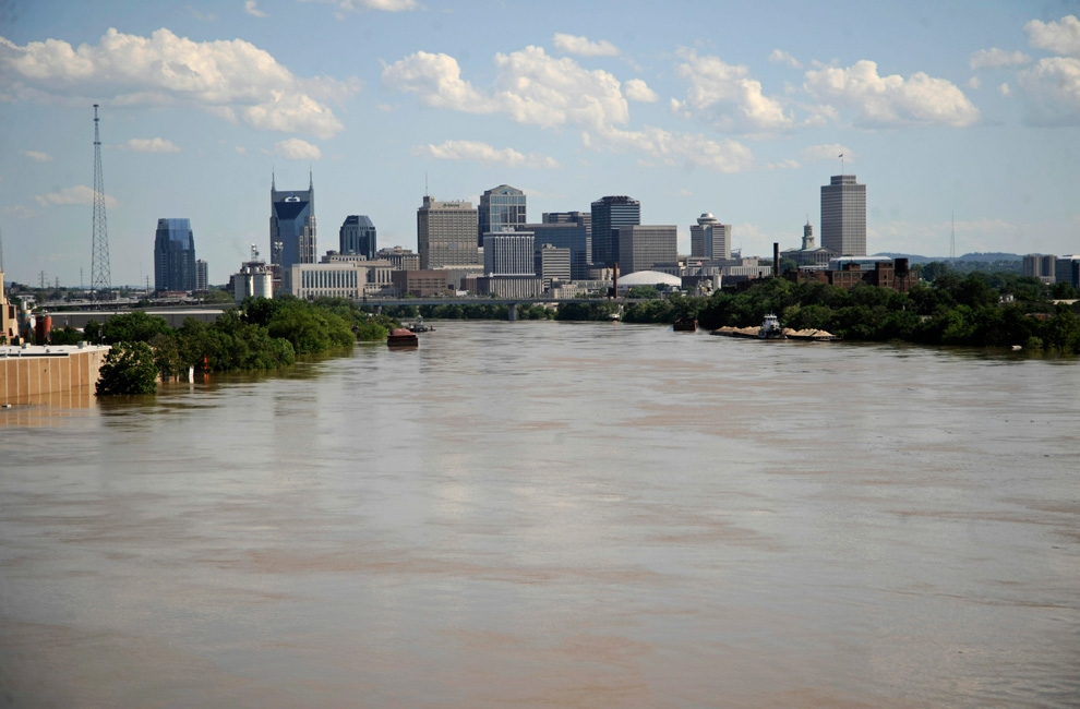 The Cumberland River floods outside of its banks Tuesday on May 4, 2010 in Nashville, Tennessee. More than 13 inches of rain fell over two days, more than doubling the previous record of 6.68 inches and leaving as many as 18 dead in Tennessee, including nine in Nashville. Photo: Boston 2252-flood-in-nashville-3