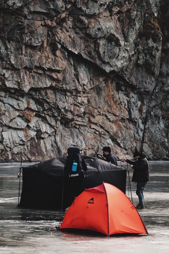 Vietnamese tourists camp on frozen river Vietnamese tourists camp on frozen river