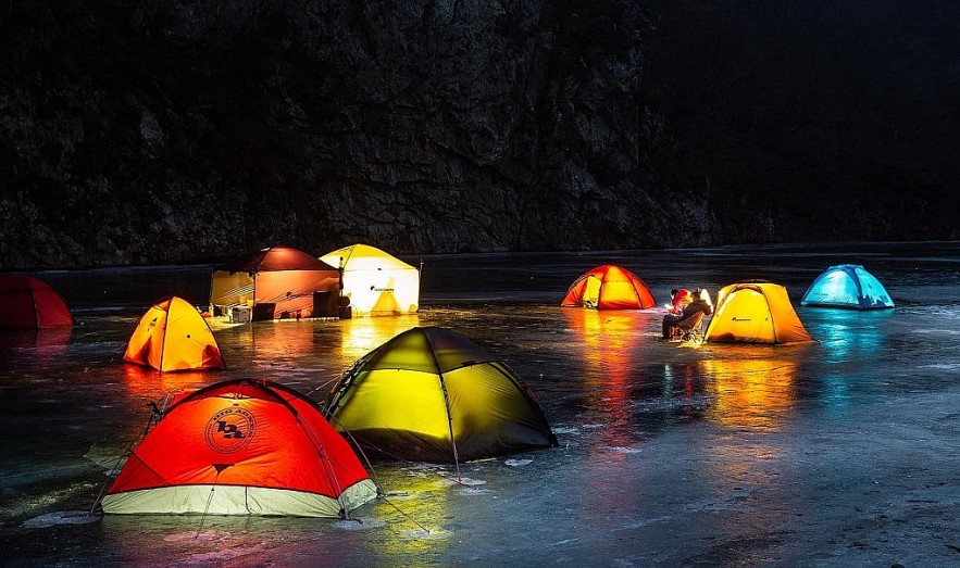 Vietnamese tourists camp on frozen river Vietnamese tourists camp on frozen river