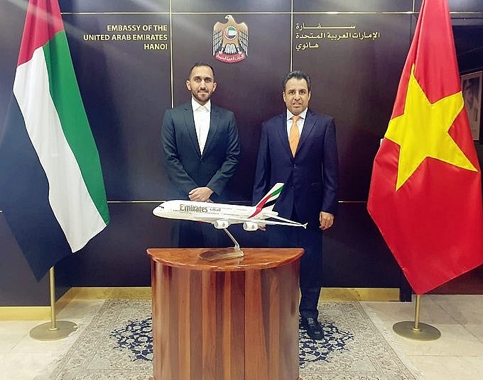 H.E. Obaid Saeed Bin Taresh Al Dhaheri, #UAE Ambassador to #Vietnam received Mr. Mohammed Al Wahedi, Chief of Representative Office of Emirates Airlines in Vietnam at the Headquarters of Embassy in Ha Noi. H.E. Obaid Saeed Bin Taresh Al Dhaheri, #UAE Ambassador to #Vietnam received Mr. Mohammed Al Wahedi, Chief of Representative Office of Emirates Airlines in Vietnam at the Headquarters of Embassy in Ha Noi.