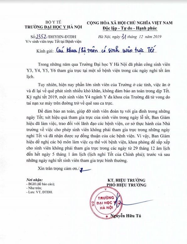 Sinh viên Đại học Y Hà Nội được miễn lịch trực Tết Canh Tý 2020 sinh vien dai hoc y ha noi duoc mien lich truc tet canh ty 2020