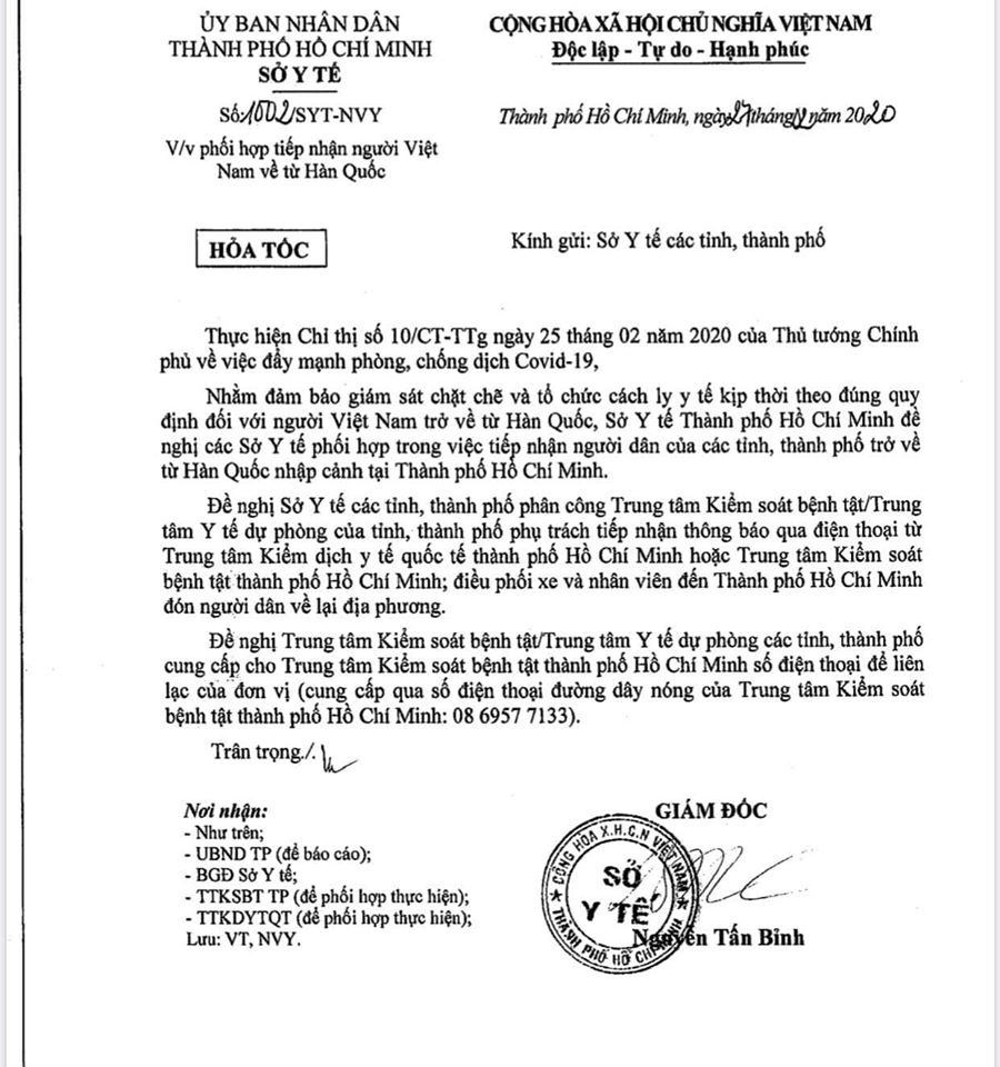 TP Hồ Chí Minh đề nghị các tỉnh phối hợp tiếp nhận người Việt về từ Hàn Quốc tp ho chi minh de nghi cac tinh phoi hop tiep nhan nguoi viet ve tu han quoc