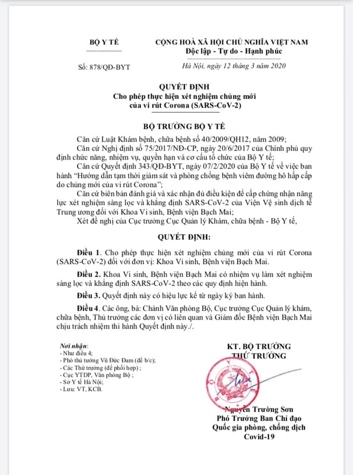 bo y te benh vien bach mai duoc phep lam xet nghiem covid 19