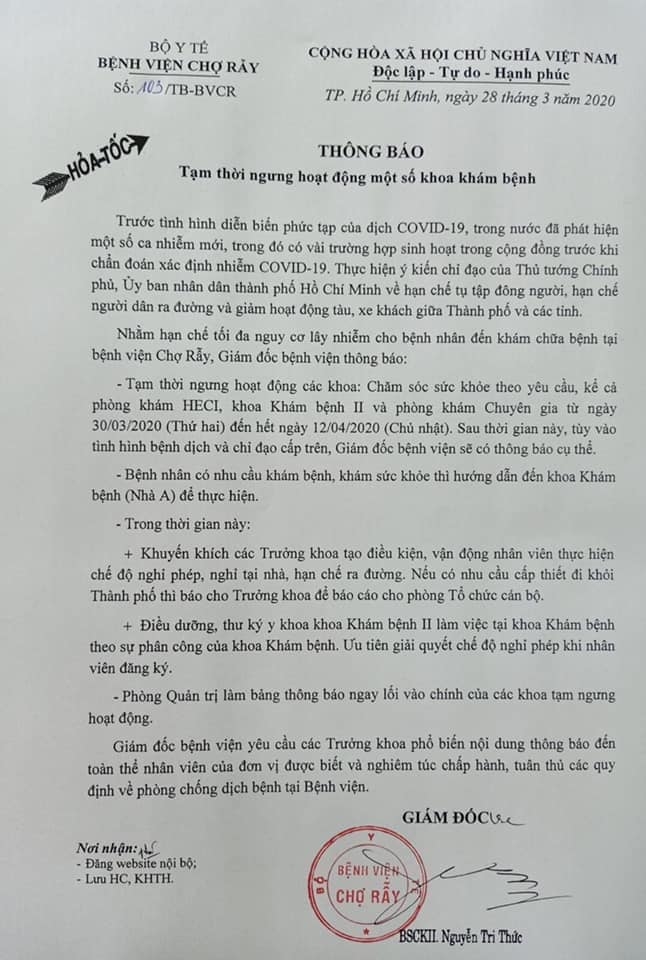 benh vien cho ray tam dung hoat dong mot so khoa kham benh phong covid 19