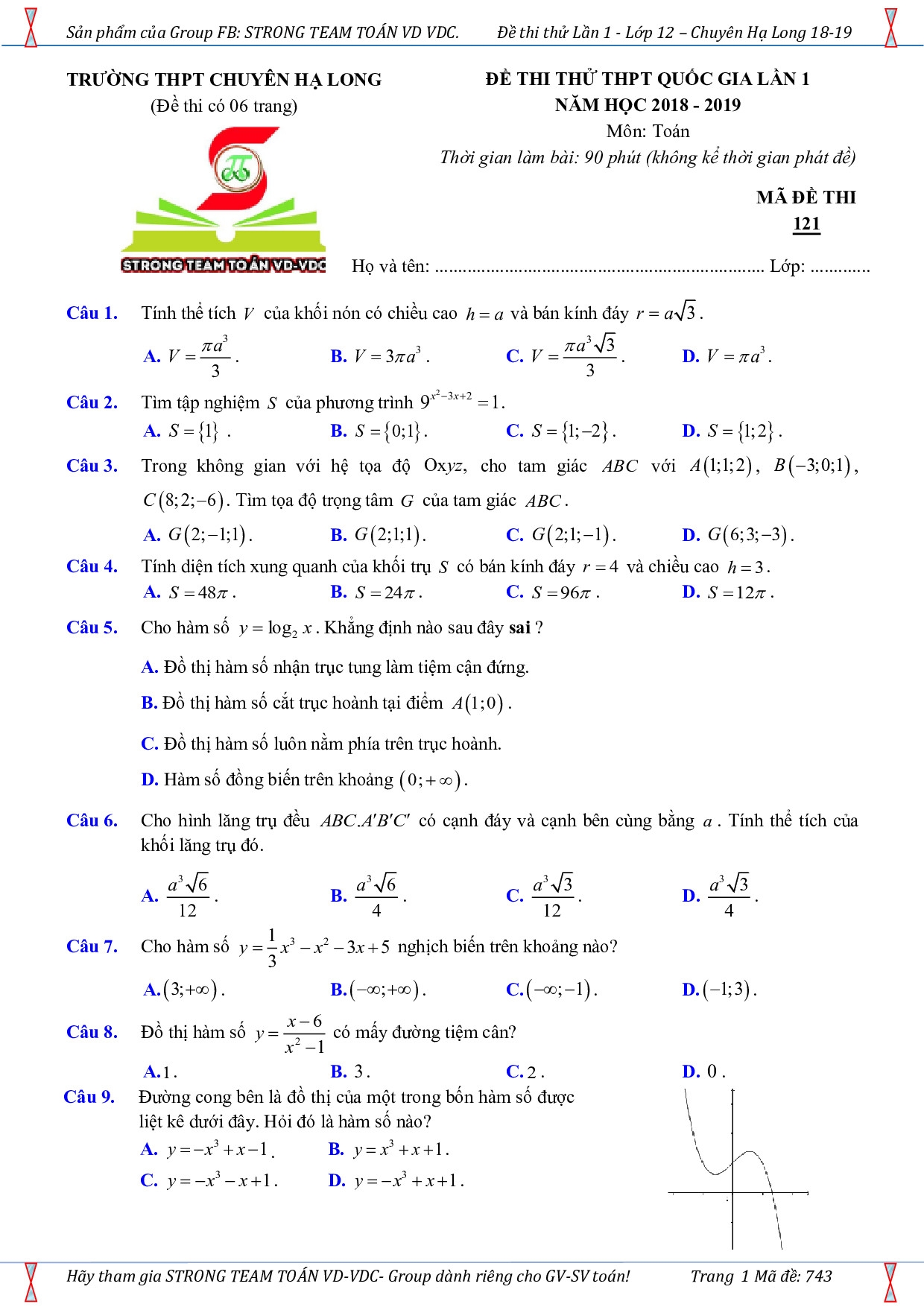 Giải chi tiết đề thi thử THPT quốc gia 2019 môn Toán THPT chuyên Hạ Long giai chi tiet de thi thu thpt quoc gia 2019 mon toan thpt chuyen ha long