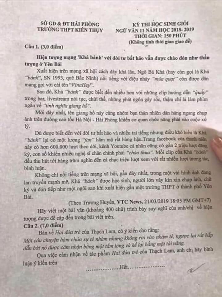 Khá "Bảnh" bất ngờ xuất hiện ở đề thi học sinh giỏi môn Ngữ văn kha banh bat ngo xuat hien o de thi hoc sinh gioi mon ngu van