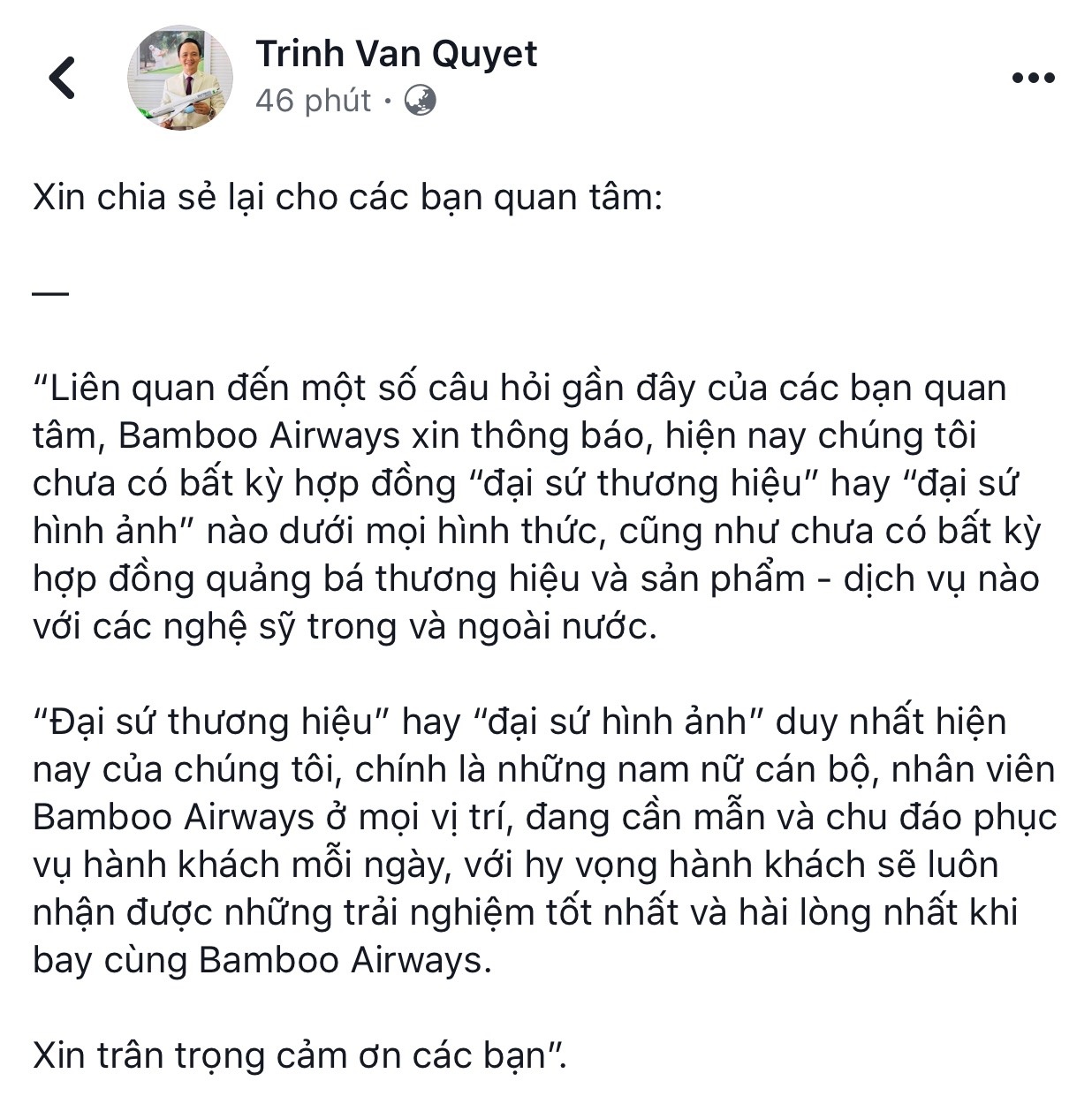 Đàm Vĩnh Hưng không phải là đại sứ thương hiệu của Bamboo Airways dam vinh hung khong phai la dai su thuong hieu cua bamboo airways