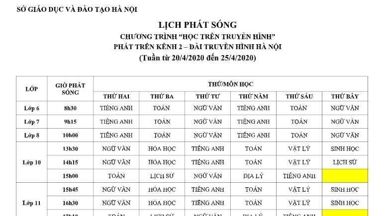 ha noi lich phat song hoc tren truyen hinh tu ngay 274 den 25