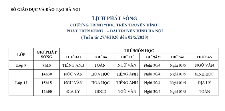 Hà Nội: Lịch phát sóng học trên truyền hình từ ngày 27/4 đến 2/5 ha noi lich phat song hoc tren truyen hinh tu ngay 274 den 25