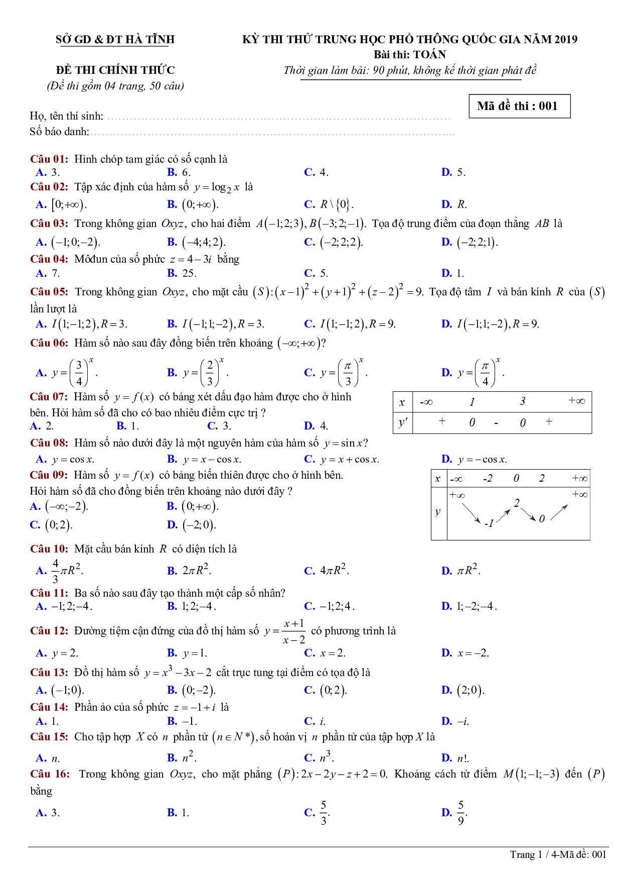 Đề thi thử THPT quốc gia 2019 môn Toán có đáp án Sở GD&ĐT Hà Tĩnh de thi thu thpt quoc gia 2019 mon toan co dap an so gddt ha tinh