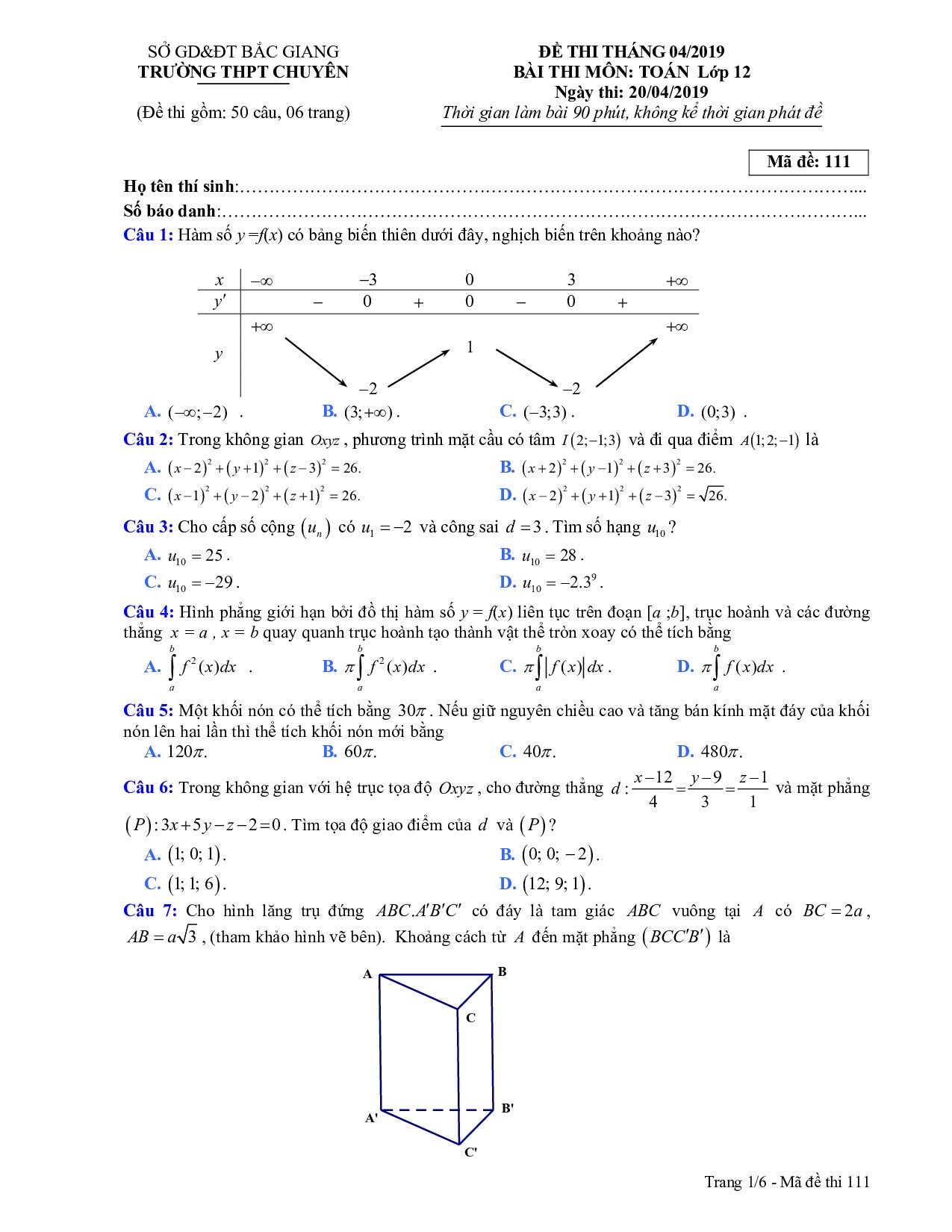 Đề thi thử THPT quốc gia 2019 môn Toán lần 4 THPT chuyên Bắc Giang de thi thu thpt quoc gia 2019 mon toan lan 4 thpt chuyen bac giang