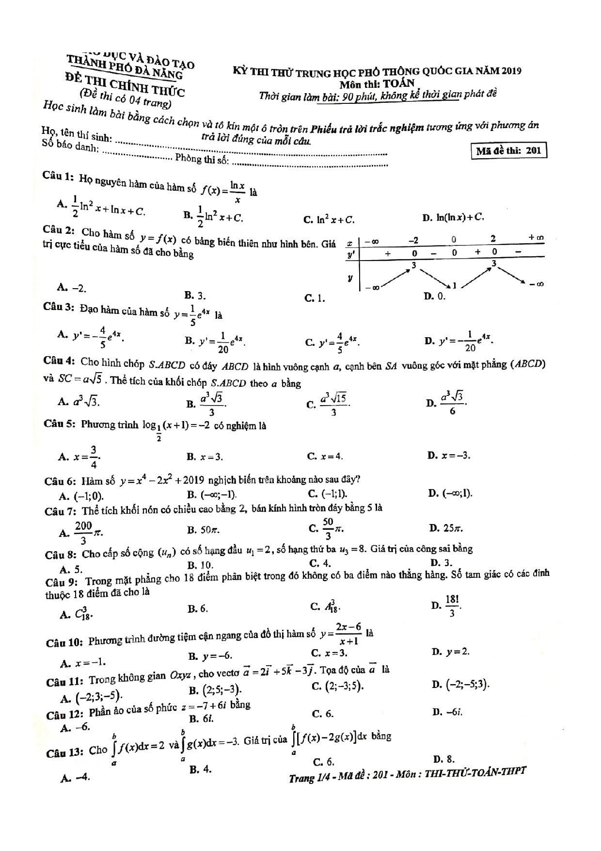 Đề thi thử THPT quốc gia 2019 môn Toán Sở GD&ĐT Đà Nẵng de thi thu thpt quoc gia 2019 mon toan so gddt da nang