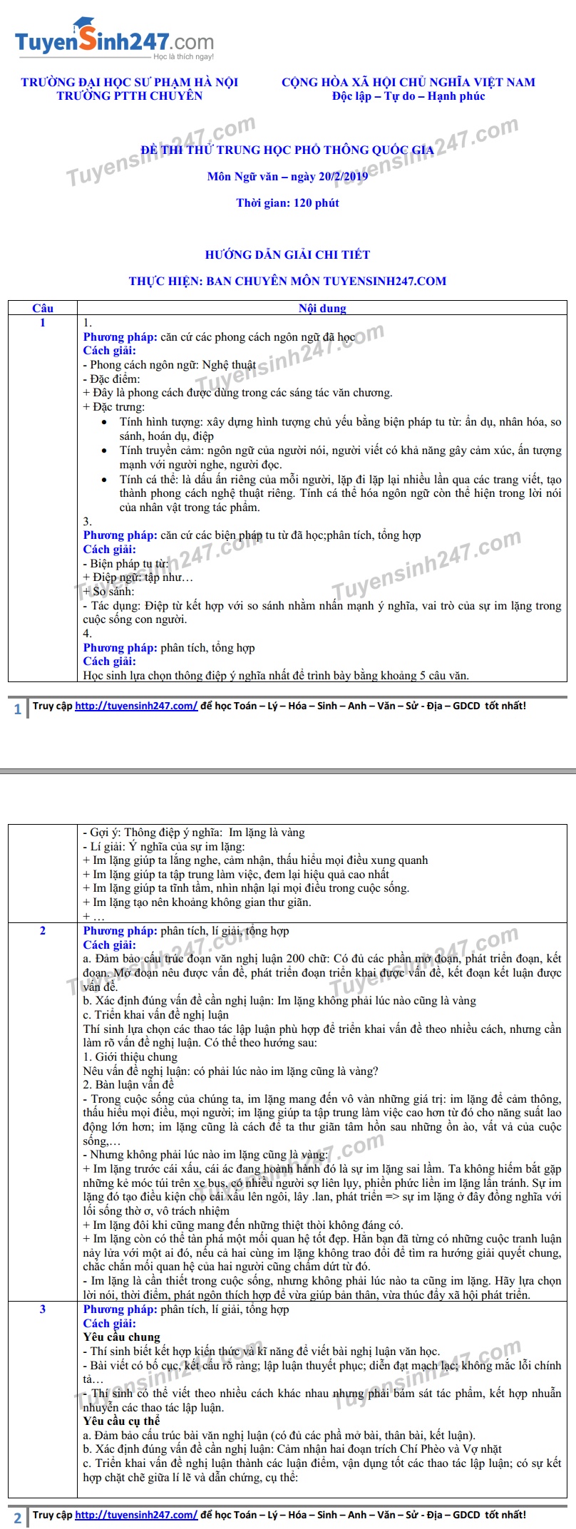 Đáp án đề thi thử THPT quốc gia 2019 môn Văn THPT chuyên ĐH Sư phạm dap an de thi thu thpt quoc gia 2019 mon van thpt chuyen dh su pham