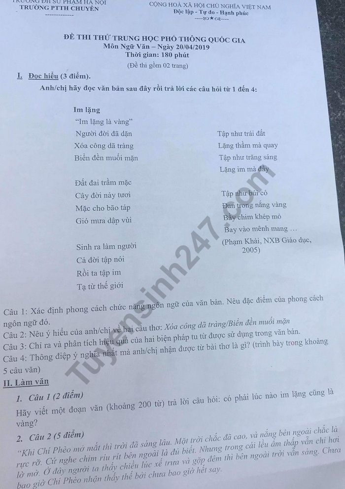 Đáp án đề thi thử THPT quốc gia 2019 môn Văn THPT chuyên ĐH Sư phạm dap an de thi thu thpt quoc gia 2019 mon van thpt chuyen dh su pham