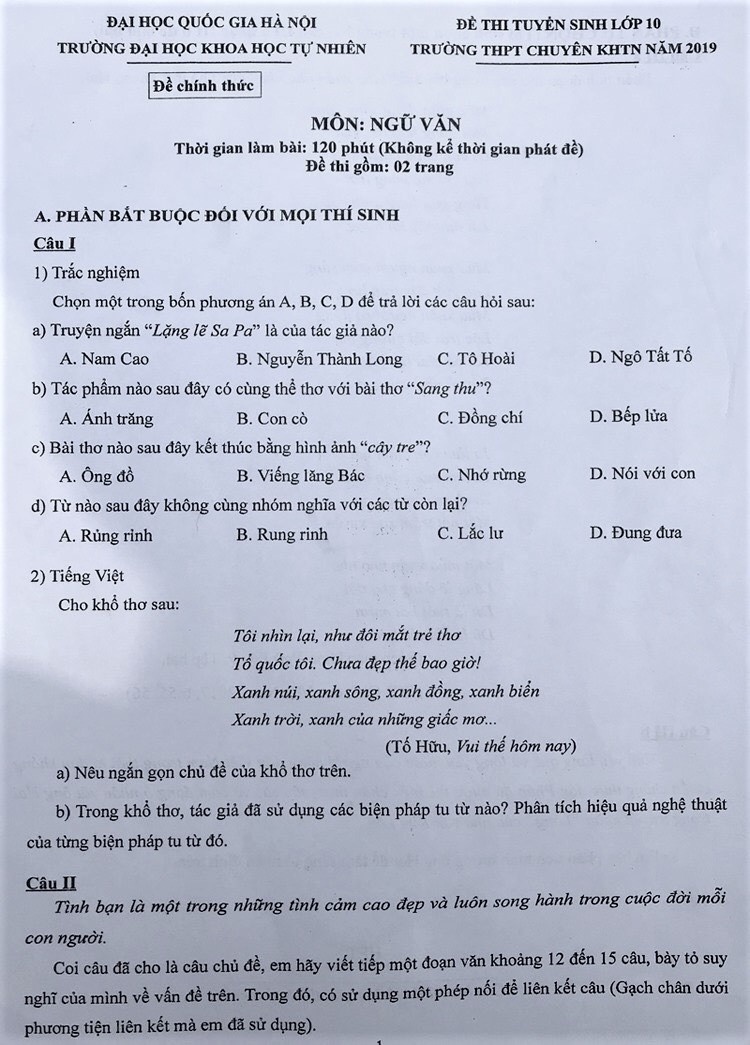 Đề thi vào lớp 10 môn Văn trường THPT chuyên Khoa học Tự nhiên de thi vao lop 10 mon van truong thpt chuyen khoa hoc tu nhien