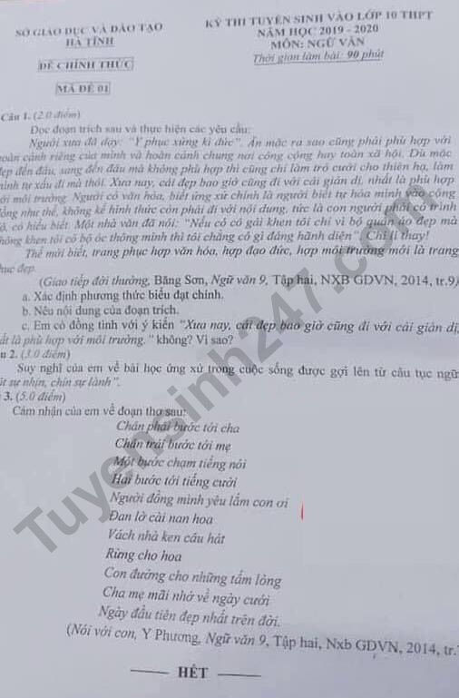 goi y dap an de thi vao lop 10 mon van so gddt ha tinh nam 2019