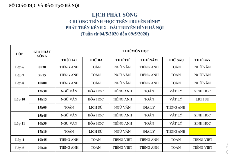 ha noi lich phat song hoc tren truyen hinh tu ngay 45 den 95