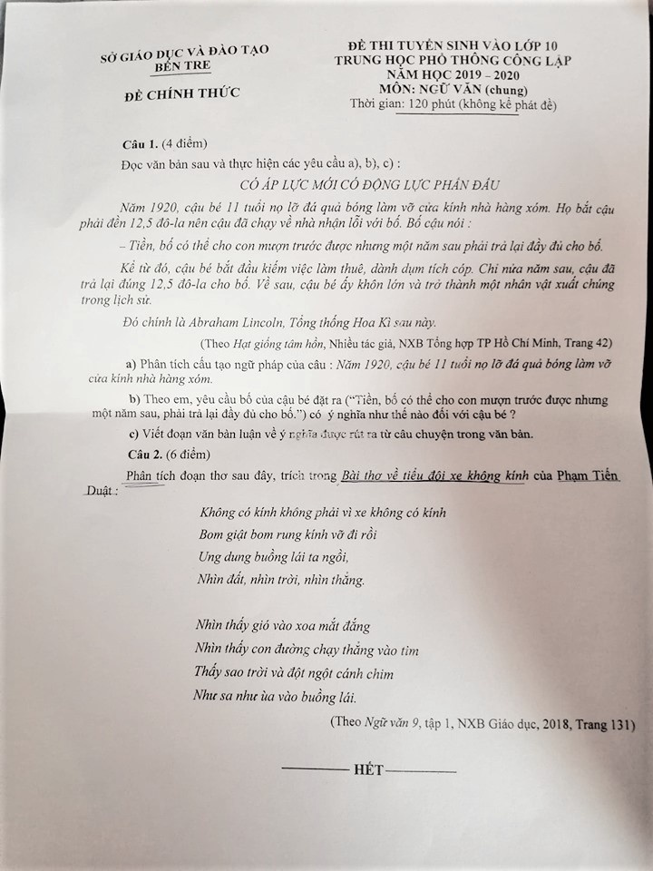 Đề thi vào lớp 10 môn Văn Sở GD&ĐT Bến Tre 2019 de thi vao lop 10 mon van so gddt ben tre 2019