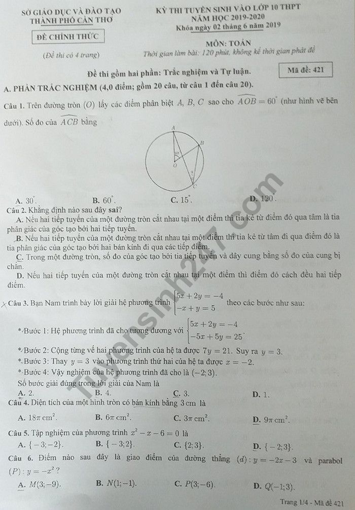 Gợi ý đáp án đề thi tuyển sinh lớp 10 môn Toán Sở GD&ĐT Cần Thơ 2019 goi y dap an de thi tuyen sinh lop 10 mon toan so gddt can tho 2019