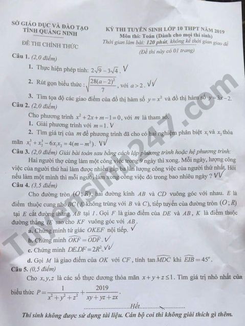 Gợi ý đáp án đề thi tuyển sinh lớp 10 môn Toán Sở GD&ĐT Quảng Ninh 2019 goi y dap an de thi tuyen sinh lop 10 mon toan so gddt quang ninh 2019