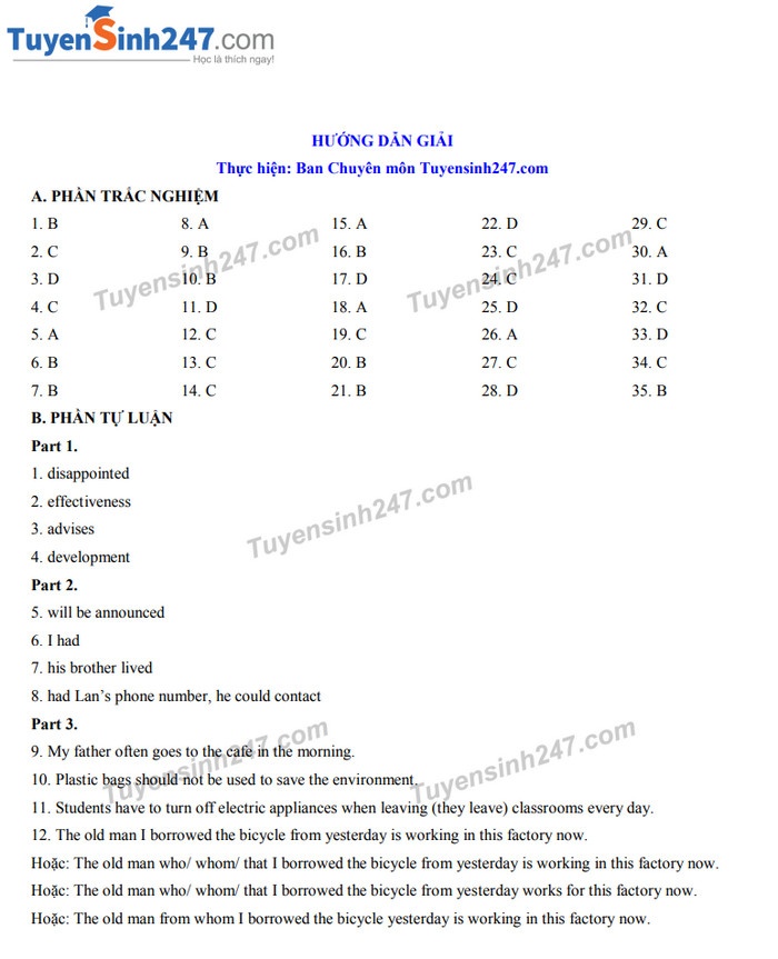 Gợi ý đáp án đề thi tuyển sinh lớp 10 môn Tiếng Anh Sở GD&ĐT Cần Thơ 2019 goi y dap an de thi tuyen sinh lop 10 mon tieng anh so gddt can tho 2019