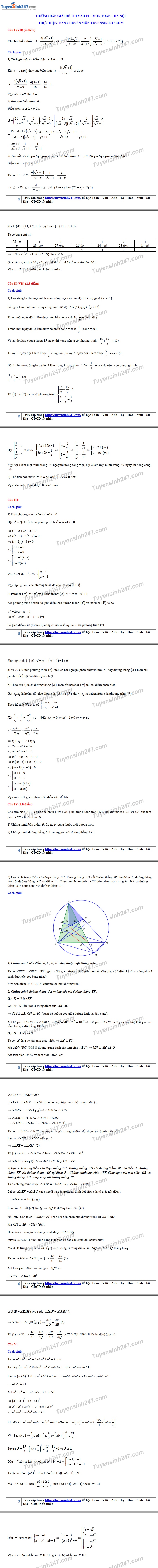 Gợi ý đáp án đề thi tuyển sinh lớp 10 môn Toán Sở GD&ĐT Hà Nội năm 2019 goi y dap an de thi tuyen sinh lop 10 mon toan so gddt ha noi nam 2019