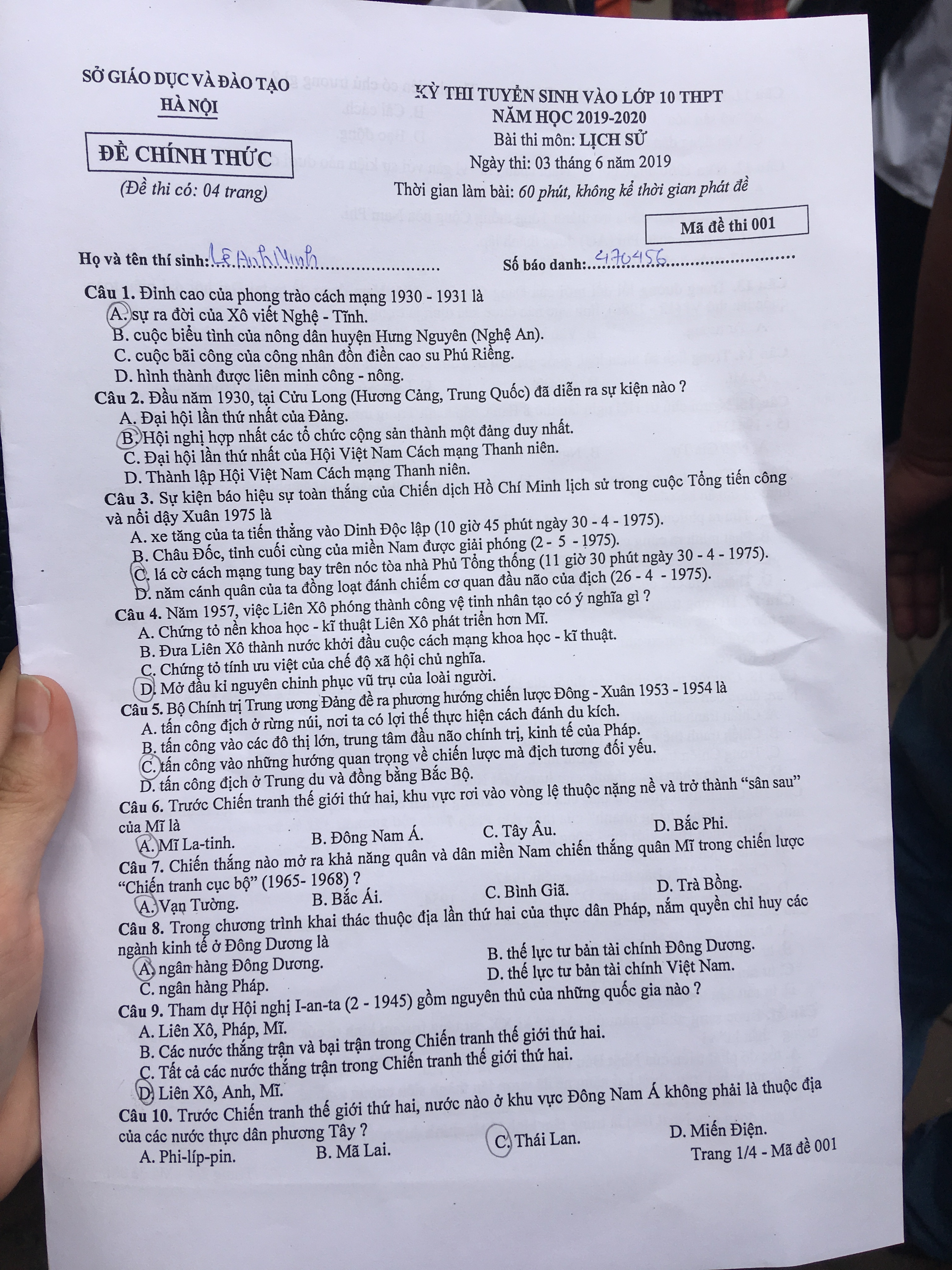 Gợi ý đáp án thi tuyển sinh lớp 10 môn Sử Sở GD&ĐT Hà Nội năm 2019 goi y dap an thi tuyen sinh lop 10 mon su so gddt ha noi nam 2019