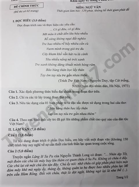 goi y dap an de thi tuyen sinh lop 10 mon van so gddt can tho 2019