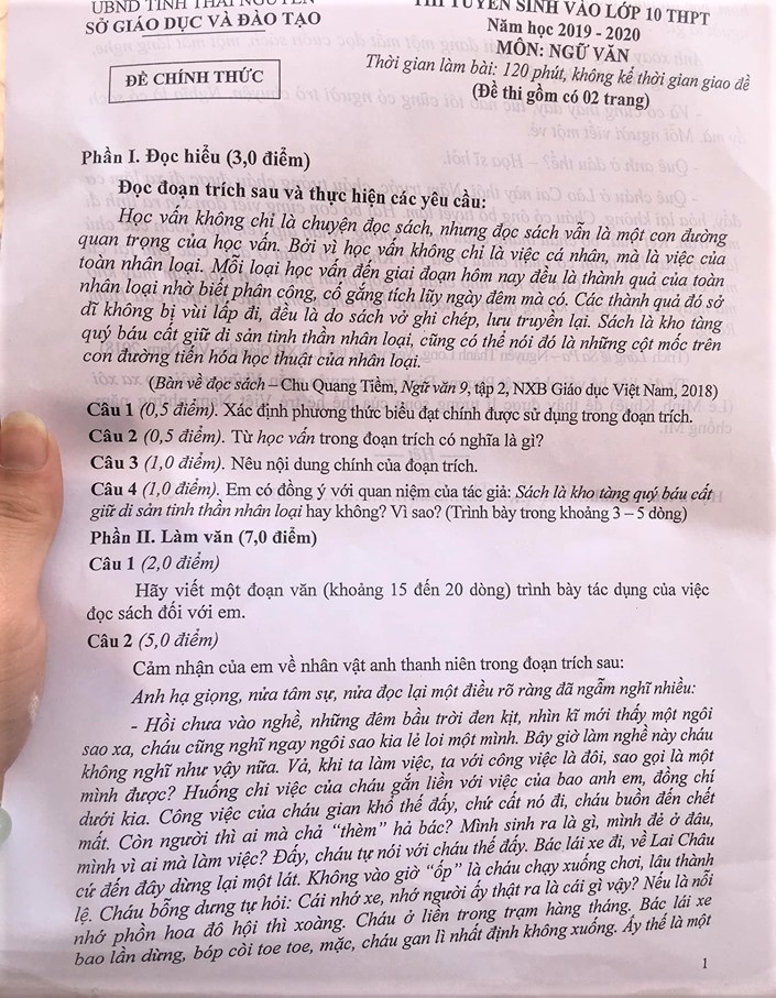 Gợi ý đáp án đề thi tuyển sinh lớp 10 môn Văn Sở GD&ĐT Thái Nguyên 2019 goi y dap an de thi tuyen sinh lop 10 mon van so gddt thai nguyen 2019