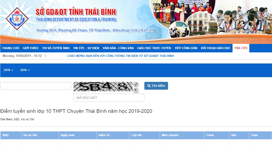 Tra cứu điểm thi tuyển sinh lớp 10 Thái Bình năm 2019 tra cuu diem thi tuyen sinh lop 10 thai binh nam 2019