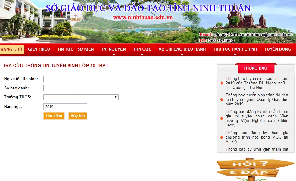 Tra cứu điểm thi lớp 10 Ninh Thuận năm 2019 tra cuu diem thi tuyen sinh lop 10 ninh thuan nam 2019